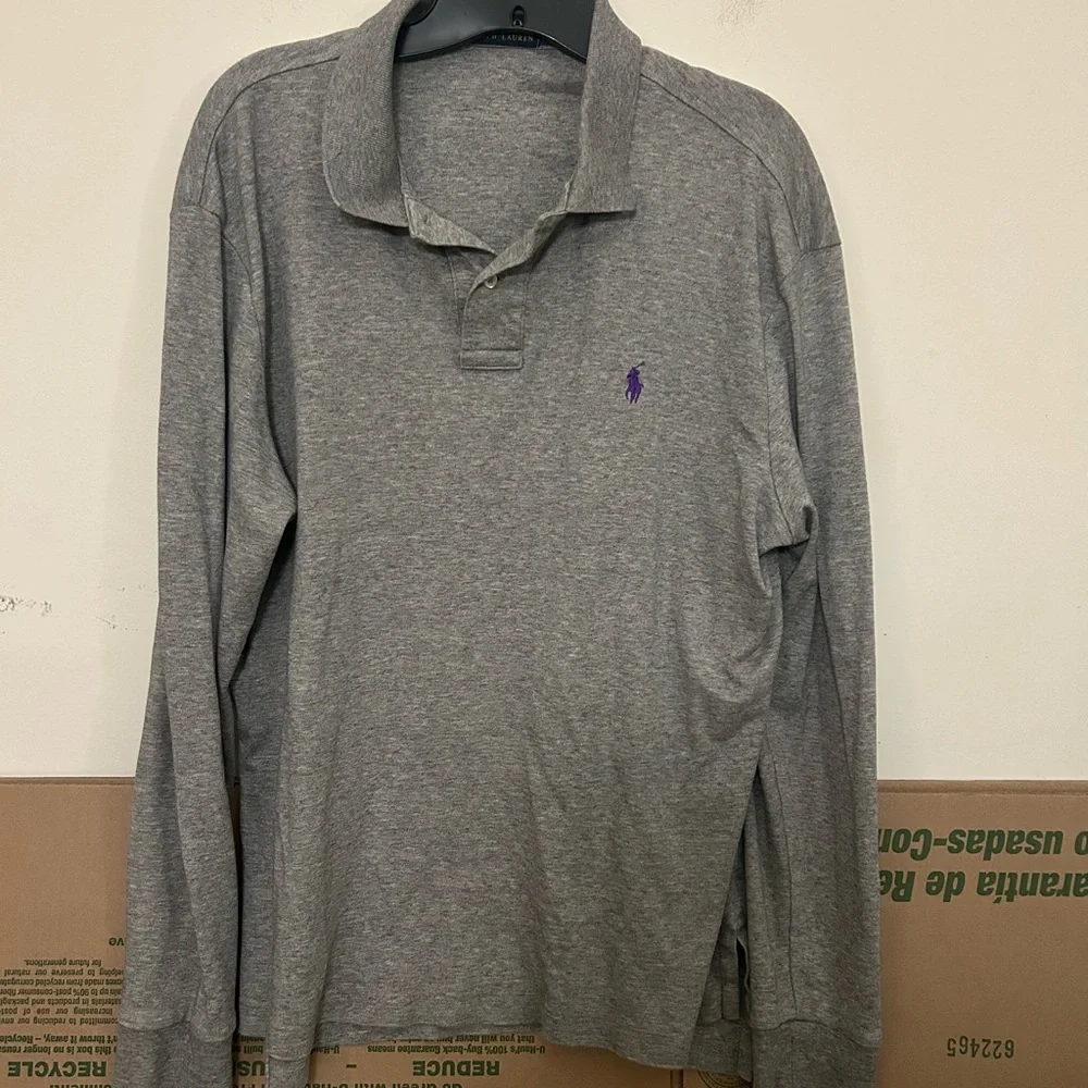 Ralph Lauren Long Sleeve Polo Shirt Mens Gray‎ Polo with Purple Logo